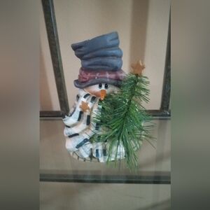 Festive Snowman Figurine with Green Tree